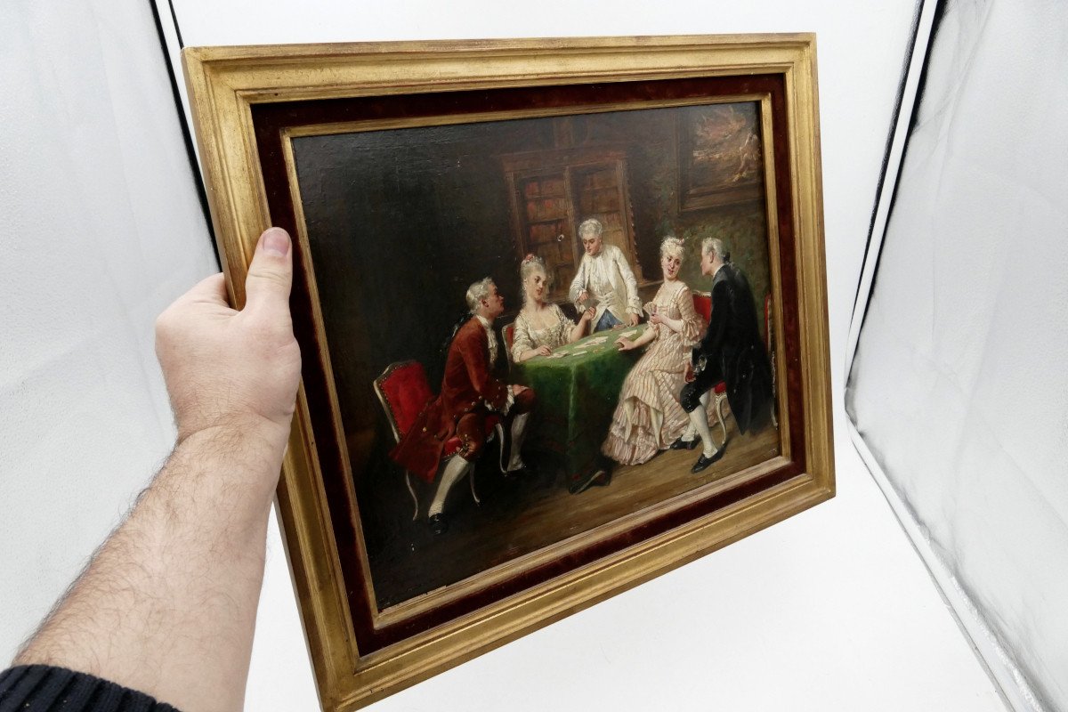 “the Card Players” Oil On Wood In The Taste Of The 18th Century, Late 19th Century Period.-photo-5