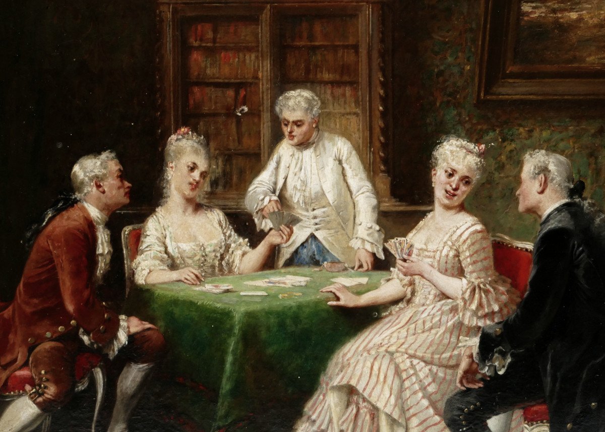 “the Card Players” Oil On Wood In The Taste Of The 18th Century, Late 19th Century Period.