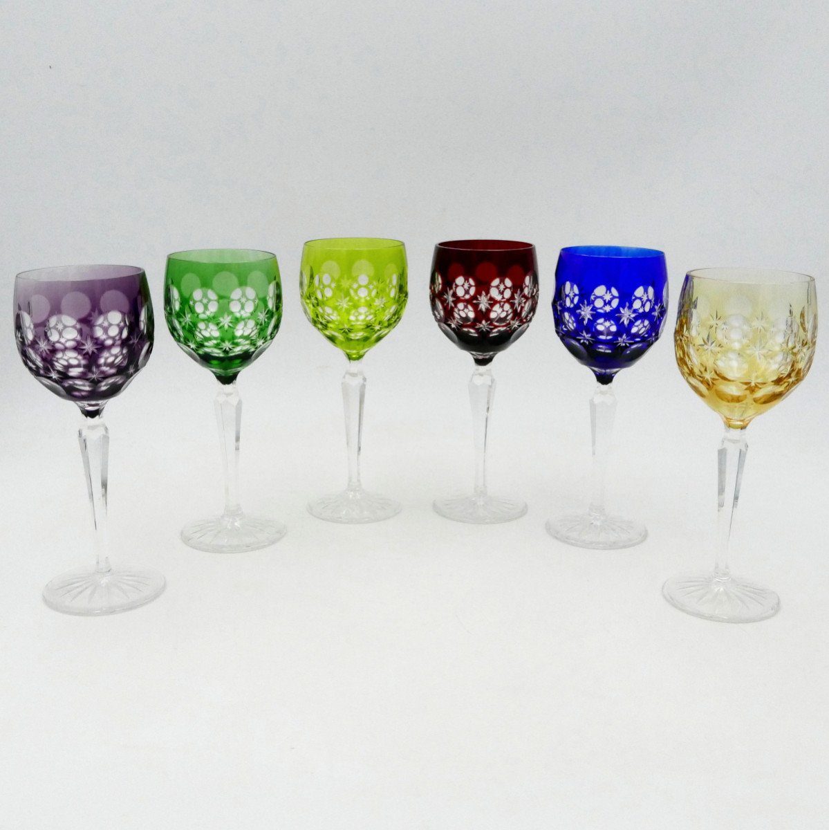 6 Rhine White Wine Glasses In Crystal, 20th Century, Blue, Red, Green, Purple, Amber.-photo-2