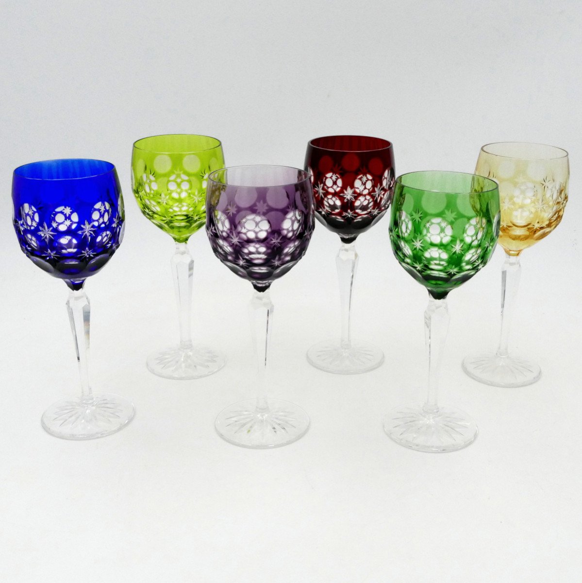 6 Rhine White Wine Glasses In Crystal, 20th Century, Blue, Red, Green, Purple, Amber.-photo-3