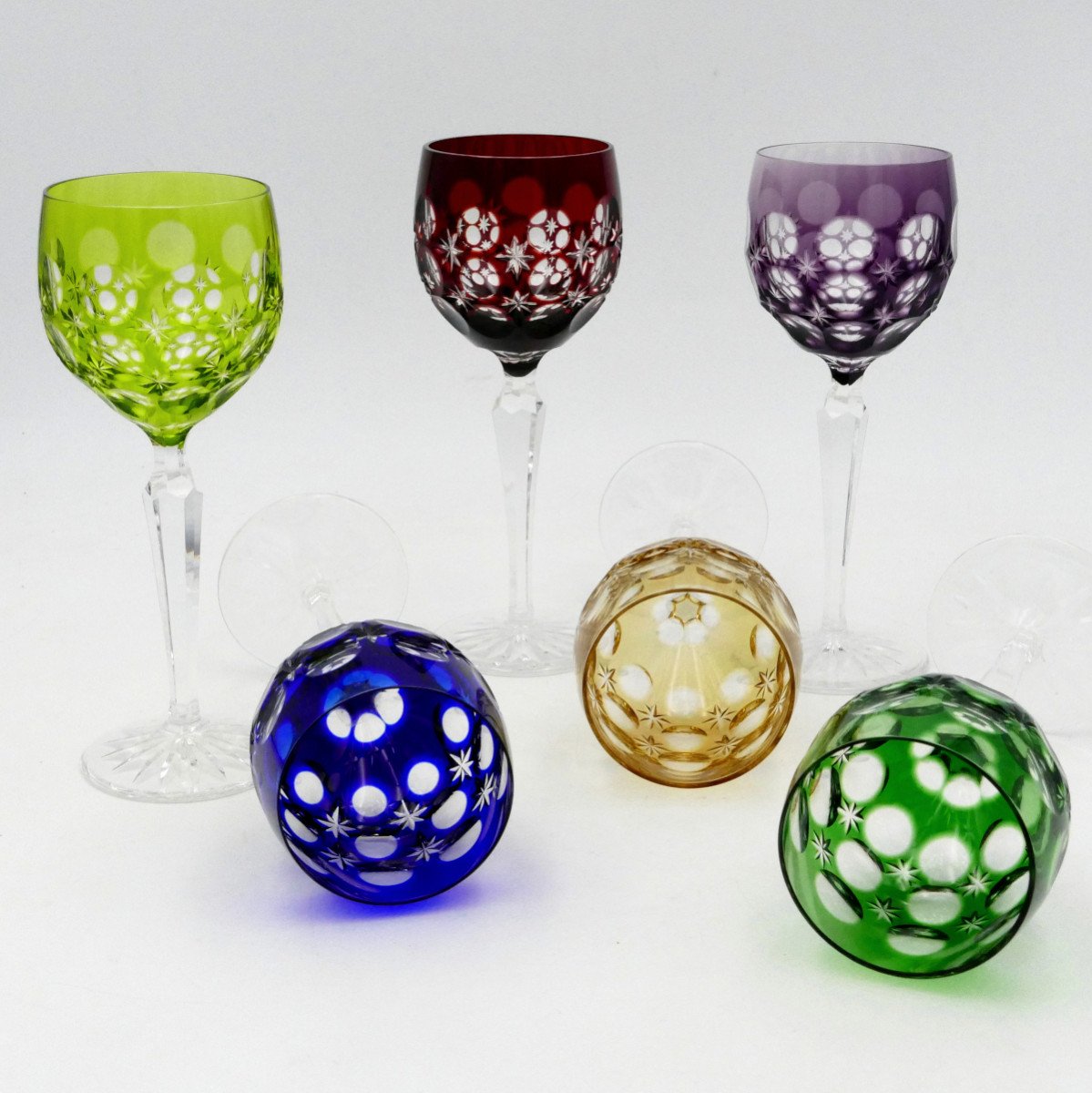 6 Rhine White Wine Glasses In Crystal, 20th Century, Blue, Red, Green, Purple, Amber.-photo-6