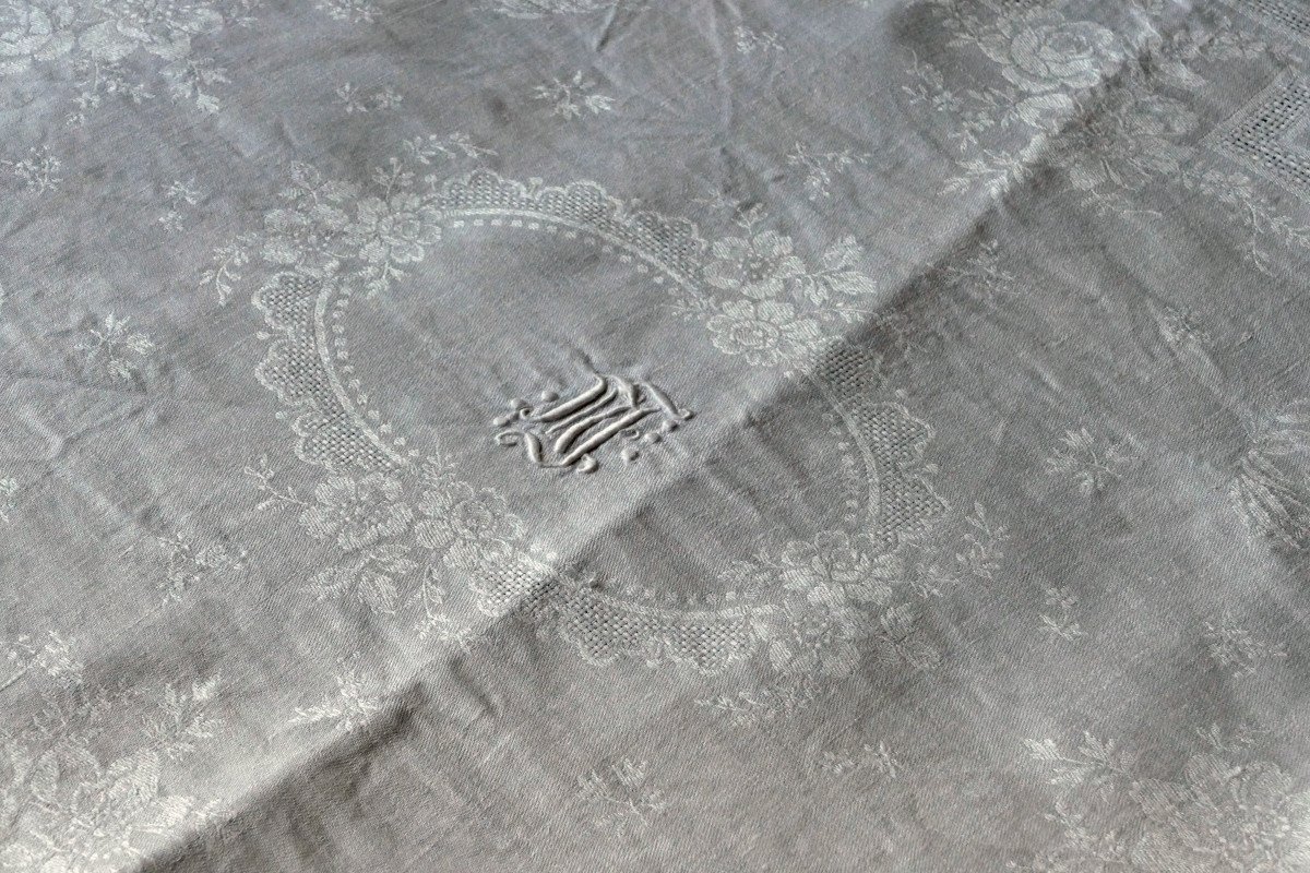 Tablecloth And 18 Napkins, Openwork Damask, Monogram “mt”, Art Nouveau, 1900.-photo-2