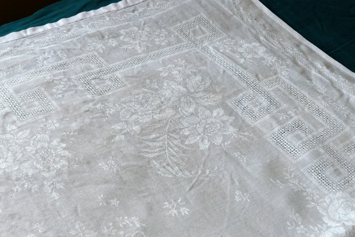 Tablecloth And 18 Napkins, Openwork Damask, Monogram “mt”, Art Nouveau, 1900.-photo-3