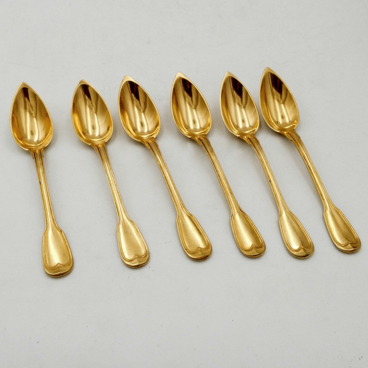 Christofle, 6 Gold Metal Coffee Spoons In Box, Early 20th Century.-photo-2