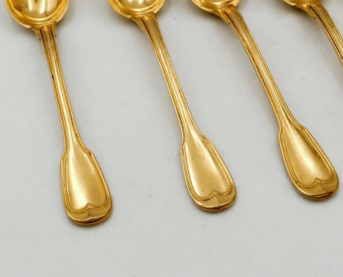 Christofle, 6 Gold Metal Coffee Spoons In Box, Early 20th Century.-photo-4