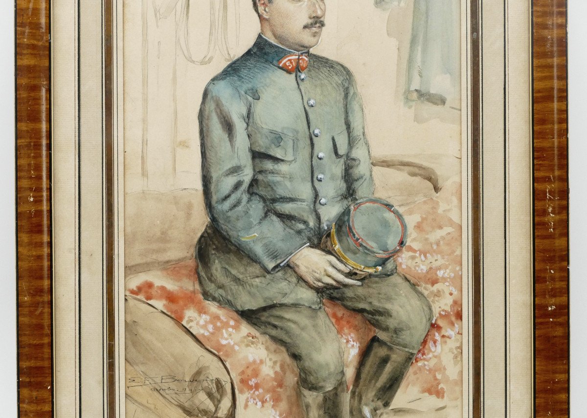 émile Boursier (1878 – 1956), Portrait Of An Officer, Watercolor And Gouache, 1917.-photo-1