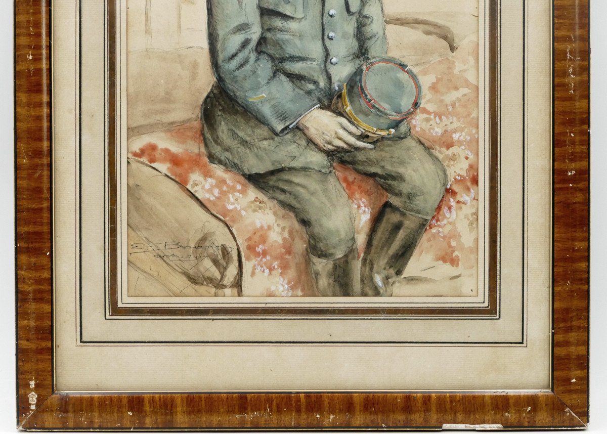 émile Boursier (1878 – 1956), Portrait Of An Officer, Watercolor And Gouache, 1917.-photo-2