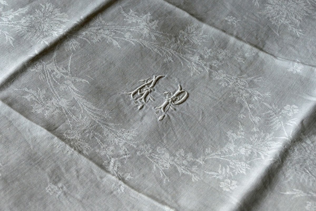 Eleven Large Damask Napkins, Monogram “ap”, Art Nouveau.-photo-2