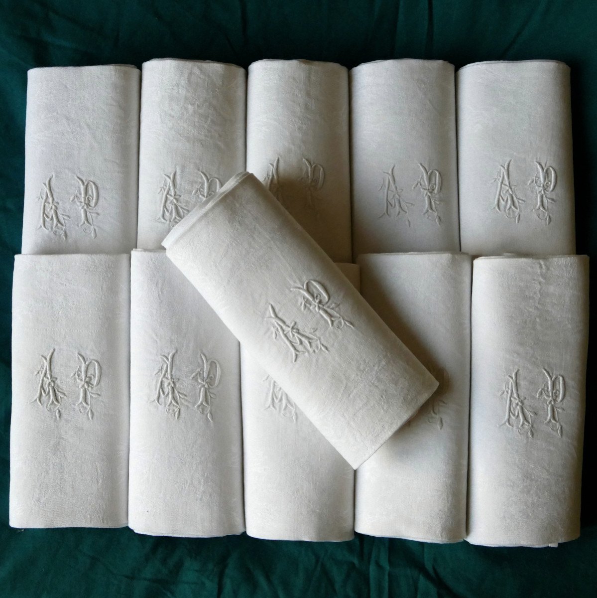 Eleven Large Damask Napkins, Monogram “ap”, Art Nouveau.