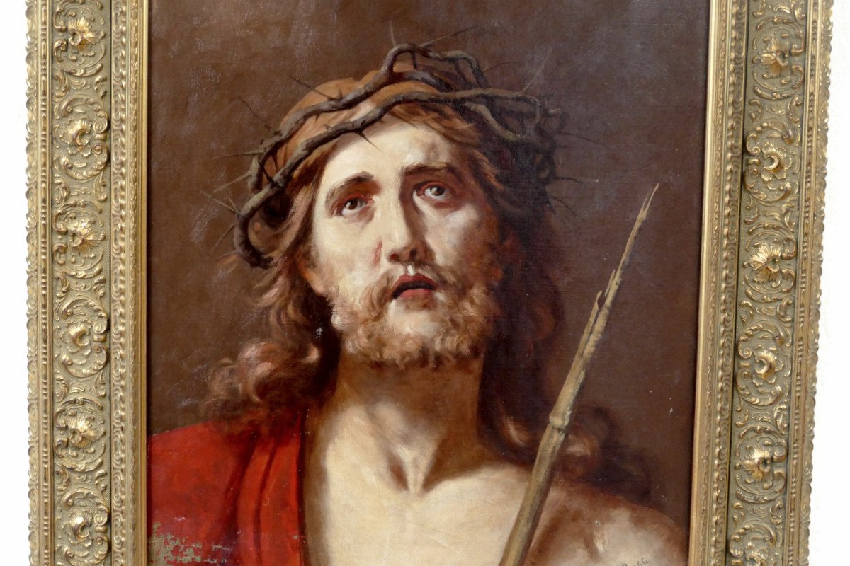 Ecce Homo, Oil On Canvas, Late 19th Century, Religious Painting, Christ, 17th Century Style.-photo-3