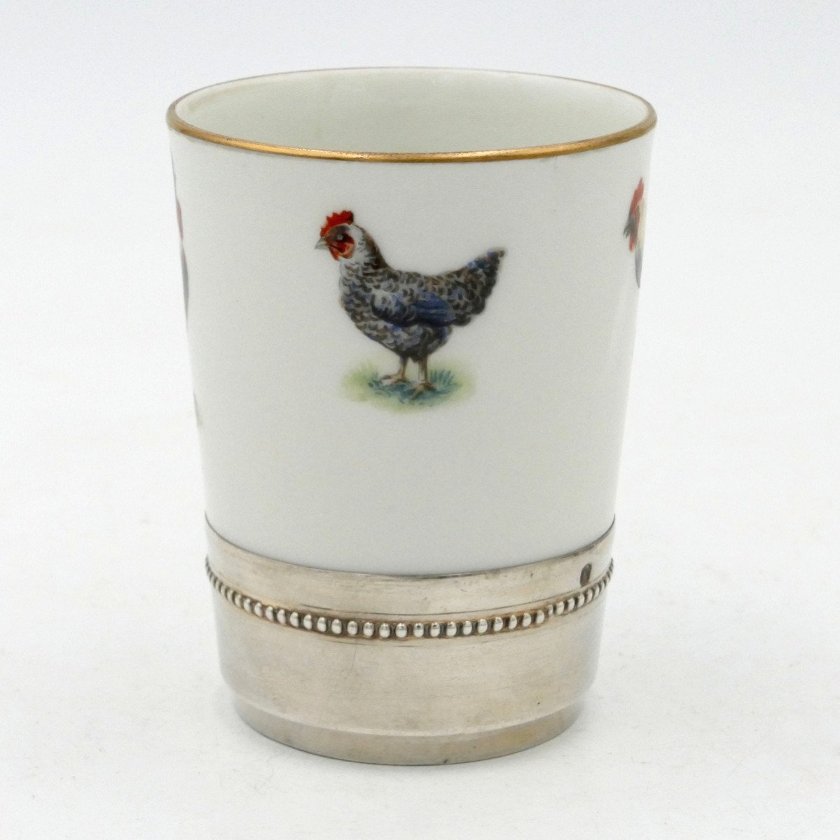 Porcelain And Solid Silver Goblet, “hens And Roosters” Decor, Mehun.-photo-2