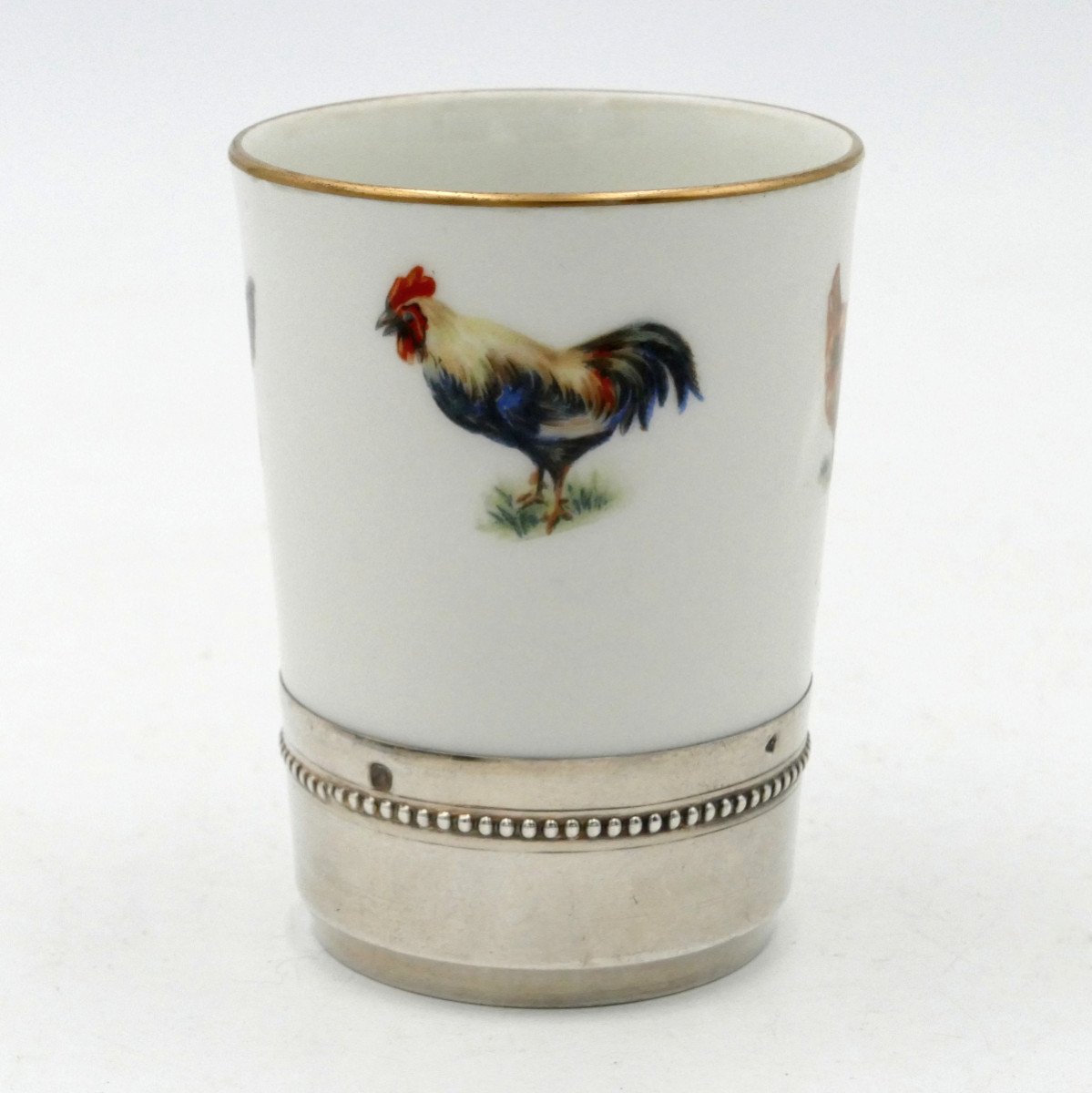 Porcelain And Solid Silver Goblet, “hens And Roosters” Decor, Mehun.-photo-3