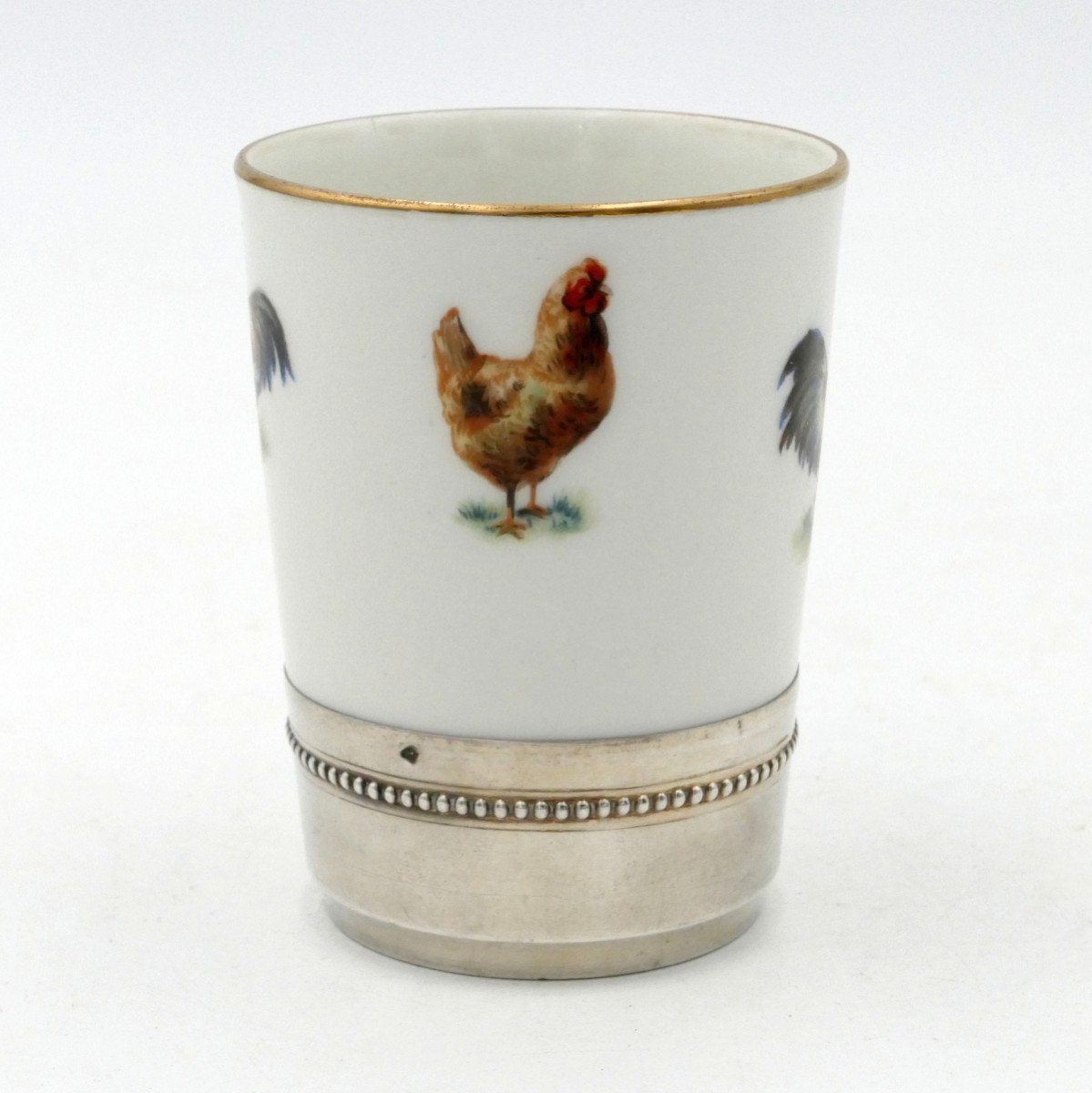 Porcelain And Solid Silver Goblet, “hens And Roosters” Decor, Mehun.-photo-4