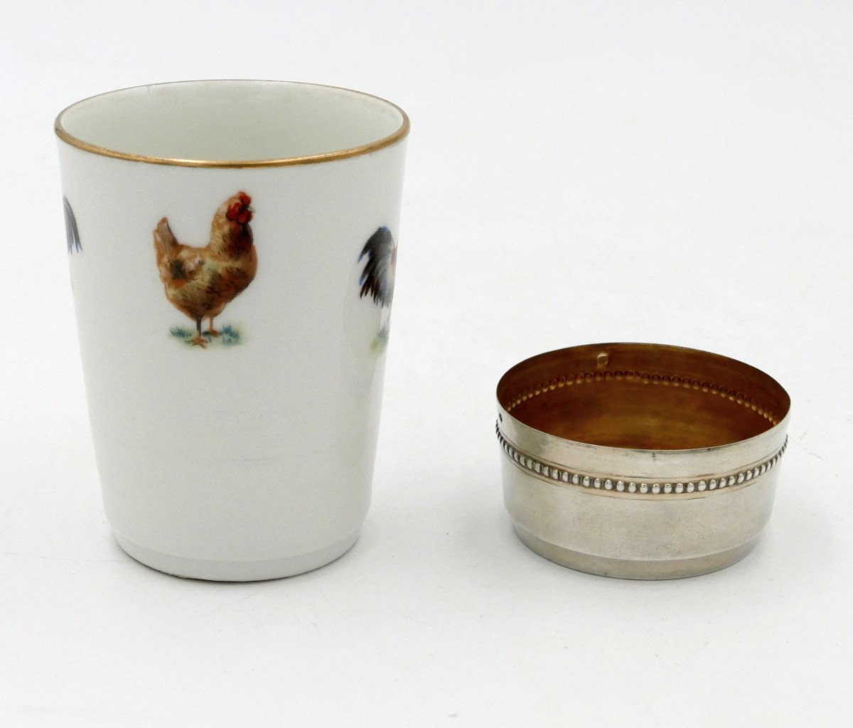 Porcelain And Solid Silver Goblet, “hens And Roosters” Decor, Mehun.-photo-1