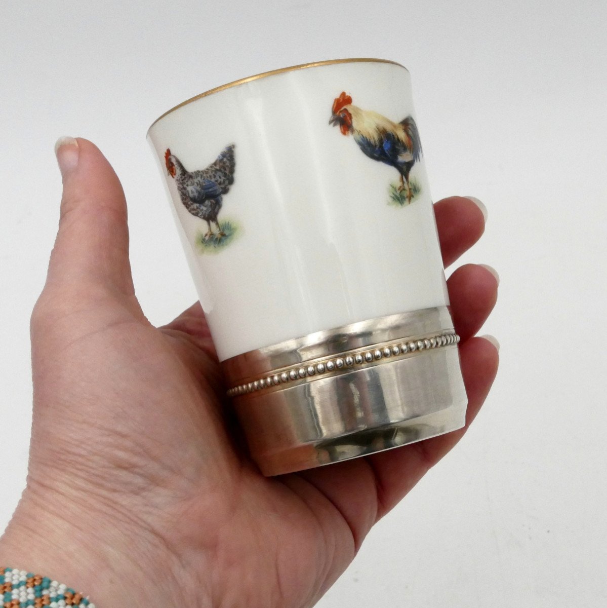 Porcelain And Solid Silver Goblet, “hens And Roosters” Decor, Mehun.-photo-5