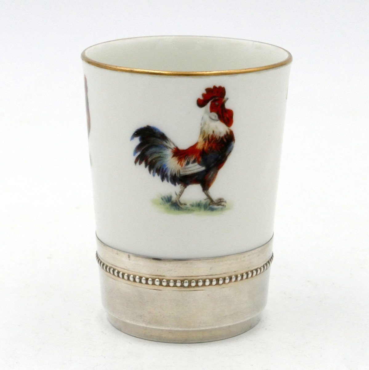 Porcelain And Solid Silver Goblet, “hens And Roosters” Decor, Mehun.