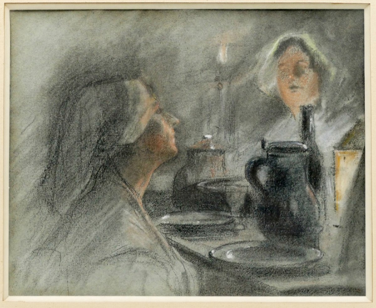 Maxime Faivre (1856-1941), Attributed To, “women With Candles”, Charcoal And Chalk.-photo-2