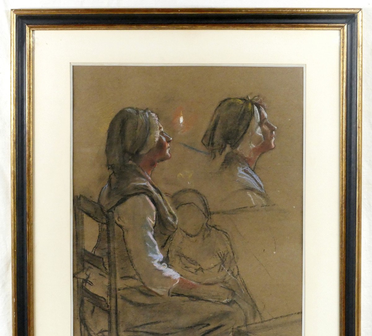 Maxime Faivre (1856-1941), Large Study Of A Woman And Child, Charcoal And Chalk, Signed.-photo-2