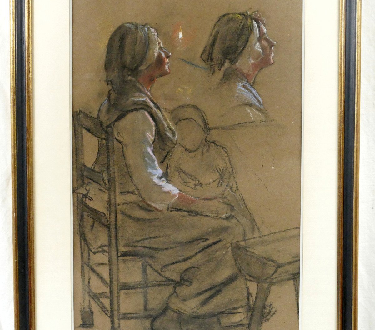 Maxime Faivre (1856-1941), Large Study Of A Woman And Child, Charcoal And Chalk, Signed.-photo-3