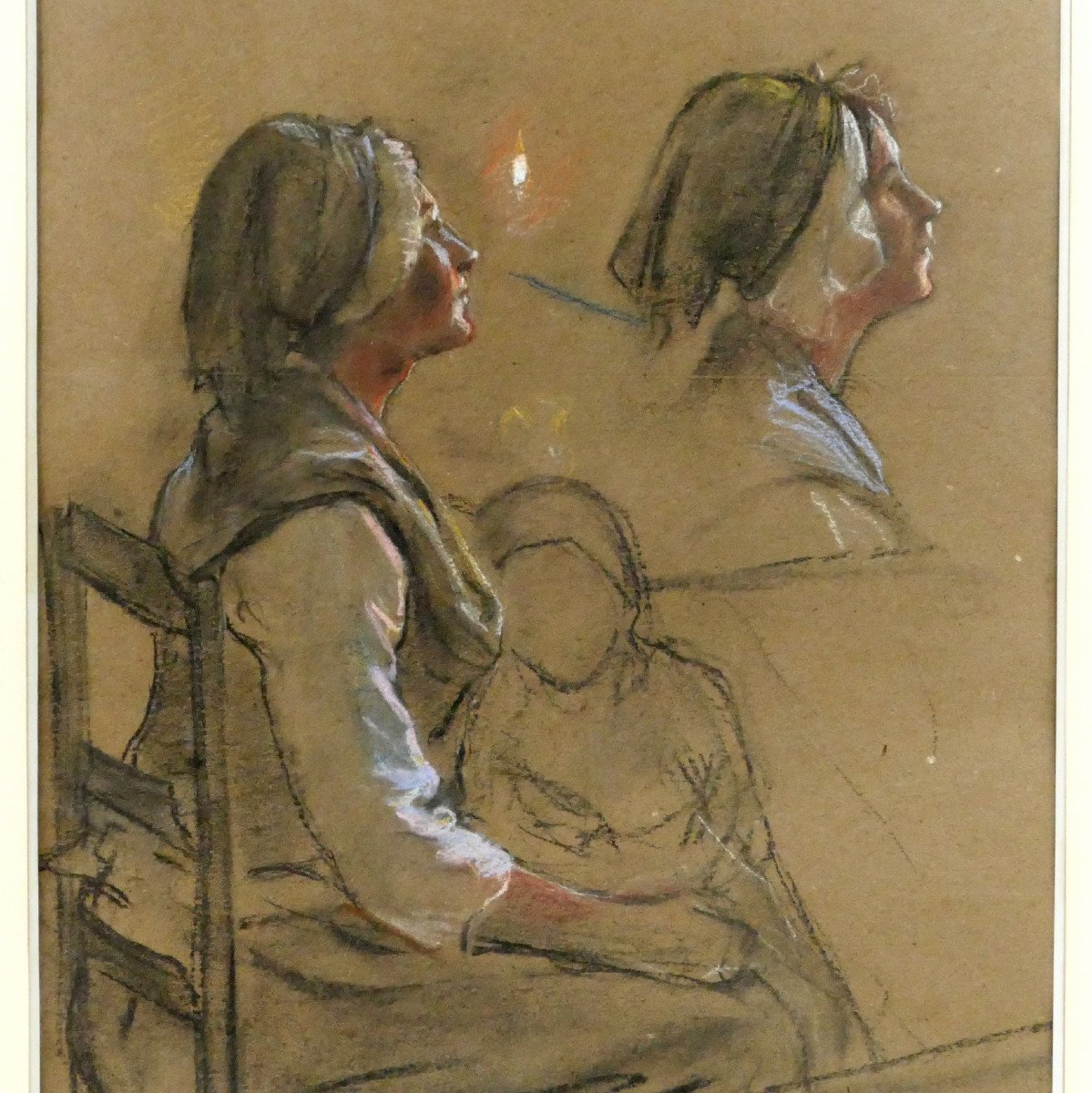 Maxime Faivre (1856-1941), Large Study Of A Woman And Child, Charcoal And Chalk, Signed.-photo-1