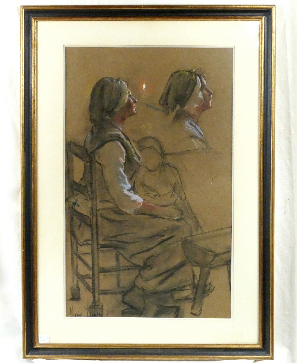 Maxime Faivre (1856-1941), Large Study Of A Woman And Child, Charcoal And Chalk, Signed.