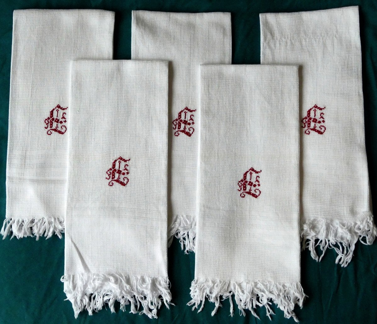 Five Hand Towels, Red "l" Monogram, Art Deco.