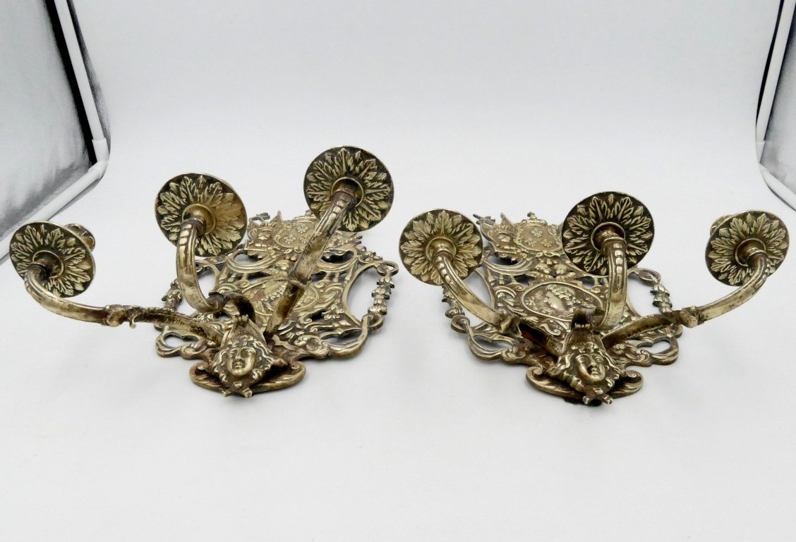 Pair Of Bronze Wall Lights "with The Arms Of France" Profiles Of Louis XIV And Marie Thérèse, 19th Century-photo-3