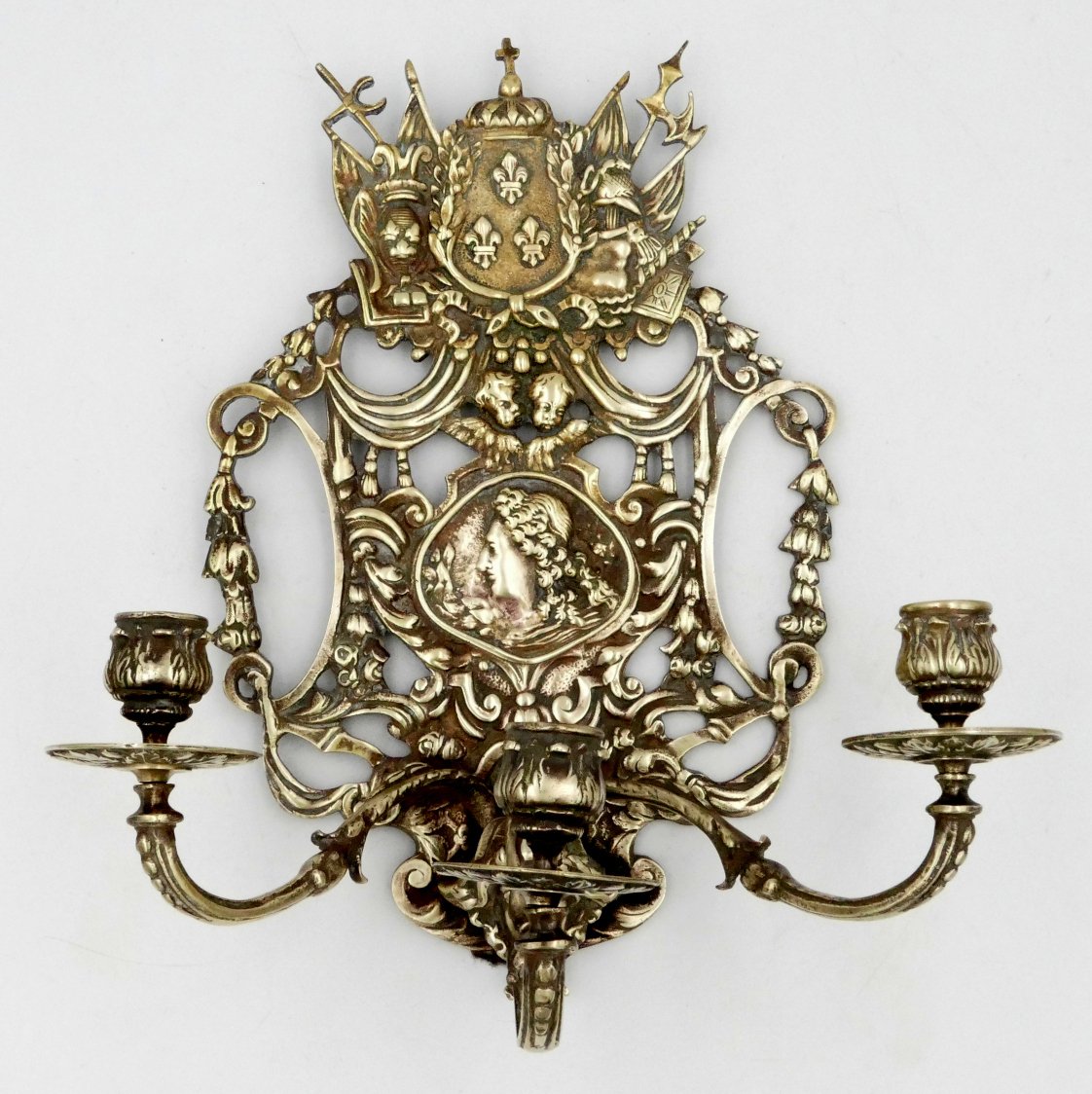 Pair Of Bronze Wall Lights "with The Arms Of France" Profiles Of Louis XIV And Marie Thérèse, 19th Century-photo-4