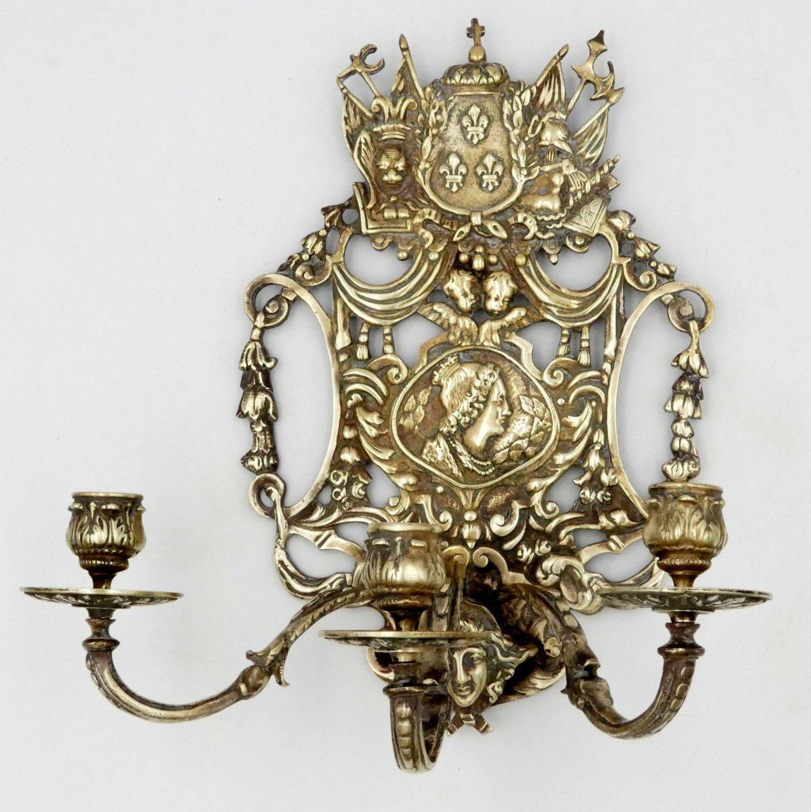 Pair Of Bronze Wall Lights "with The Arms Of France" Profiles Of Louis XIV And Marie Thérèse, 19th Century-photo-3