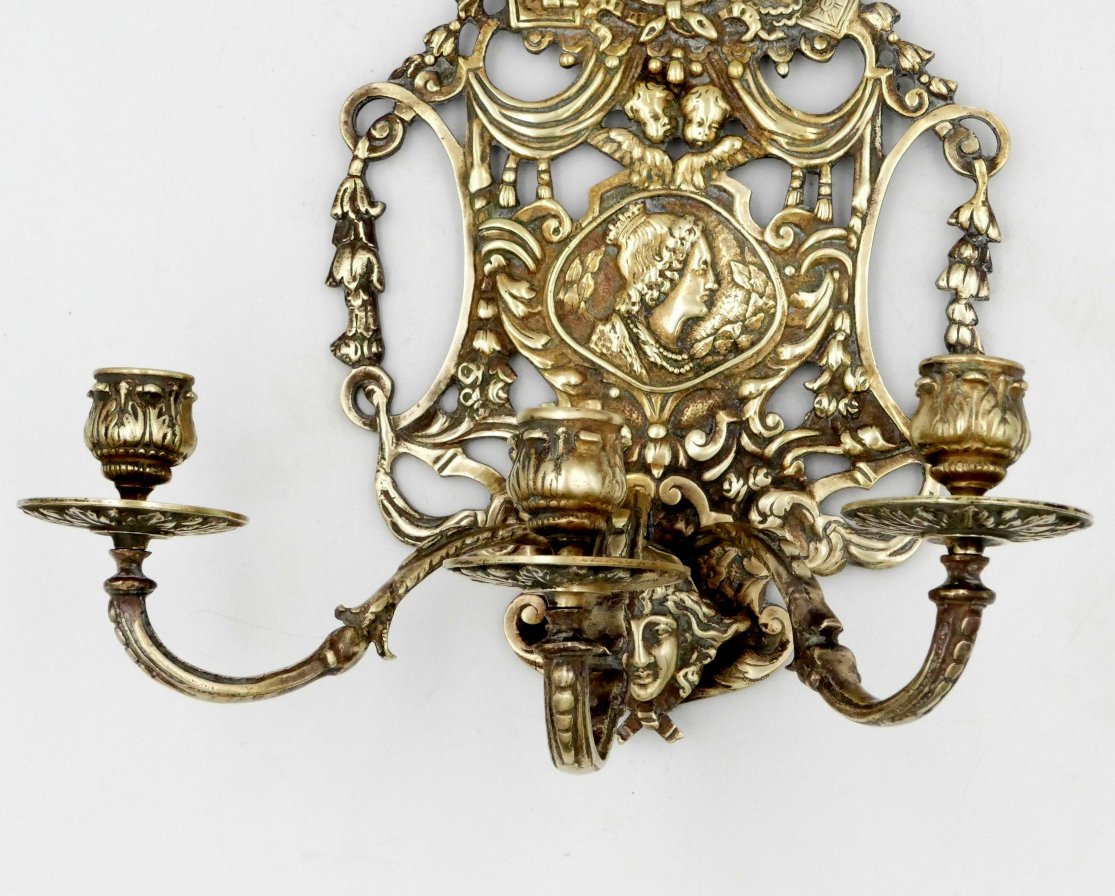 Pair Of Bronze Wall Lights "with The Arms Of France" Profiles Of Louis XIV And Marie Thérèse, 19th Century-photo-5