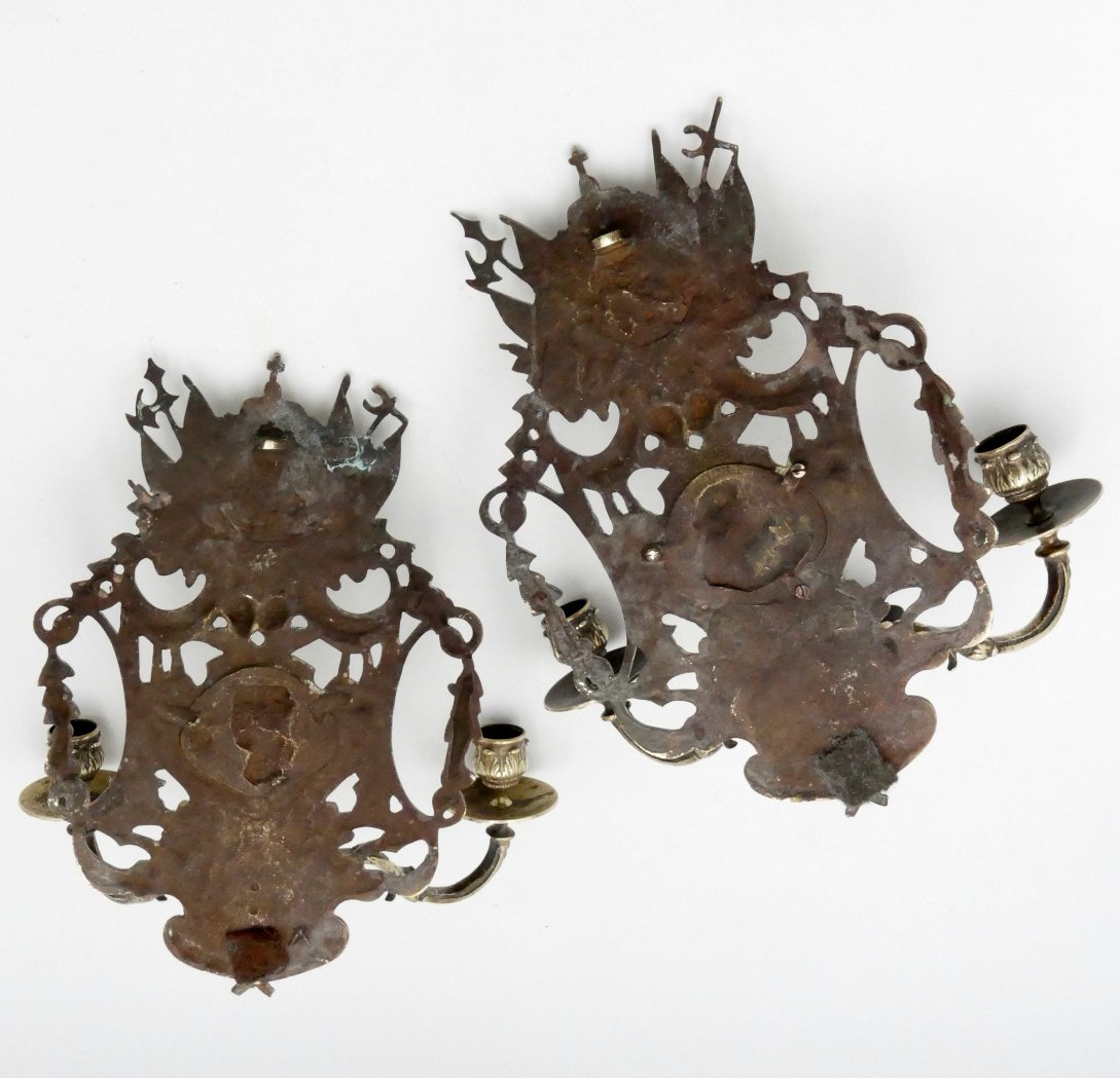 Pair Of Bronze Wall Lights "with The Arms Of France" Profiles Of Louis XIV And Marie Thérèse, 19th Century-photo-7