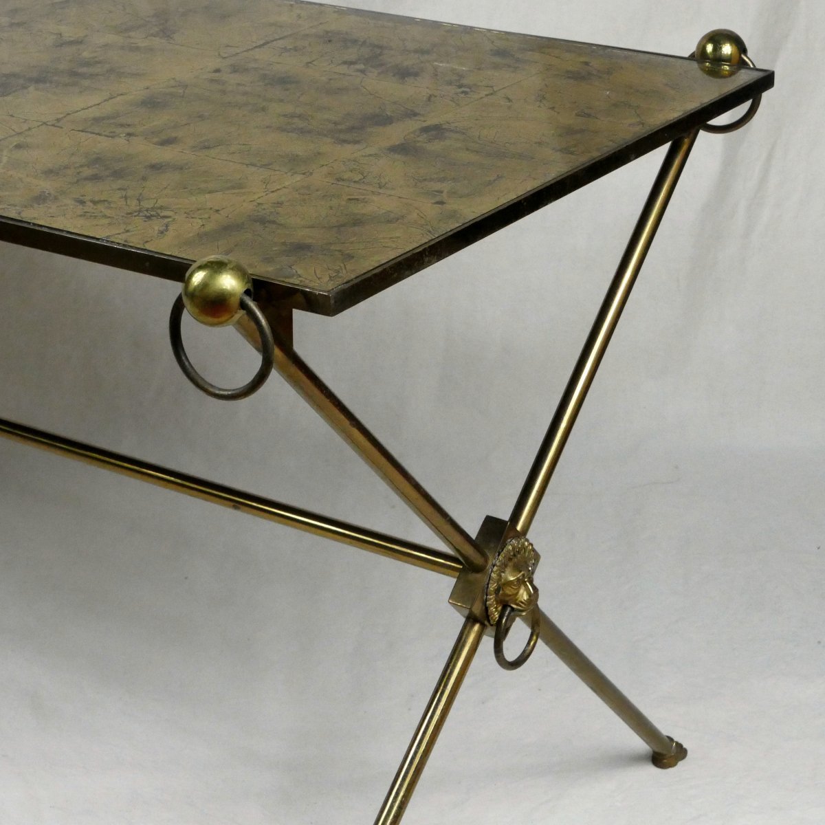 Table Basse, Bronze Et Laiton, Plateau Feuilles d'Or, Dans Le Goût De La Maison Jansen, 1970.-photo-3