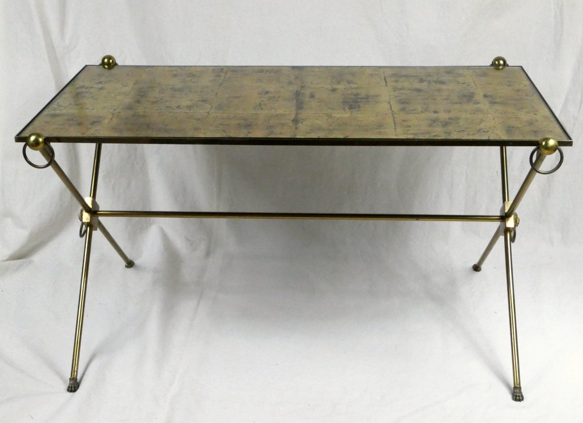 Table Basse, Bronze Et Laiton, Plateau Feuilles d'Or, Dans Le Goût De La Maison Jansen, 1970.-photo-1