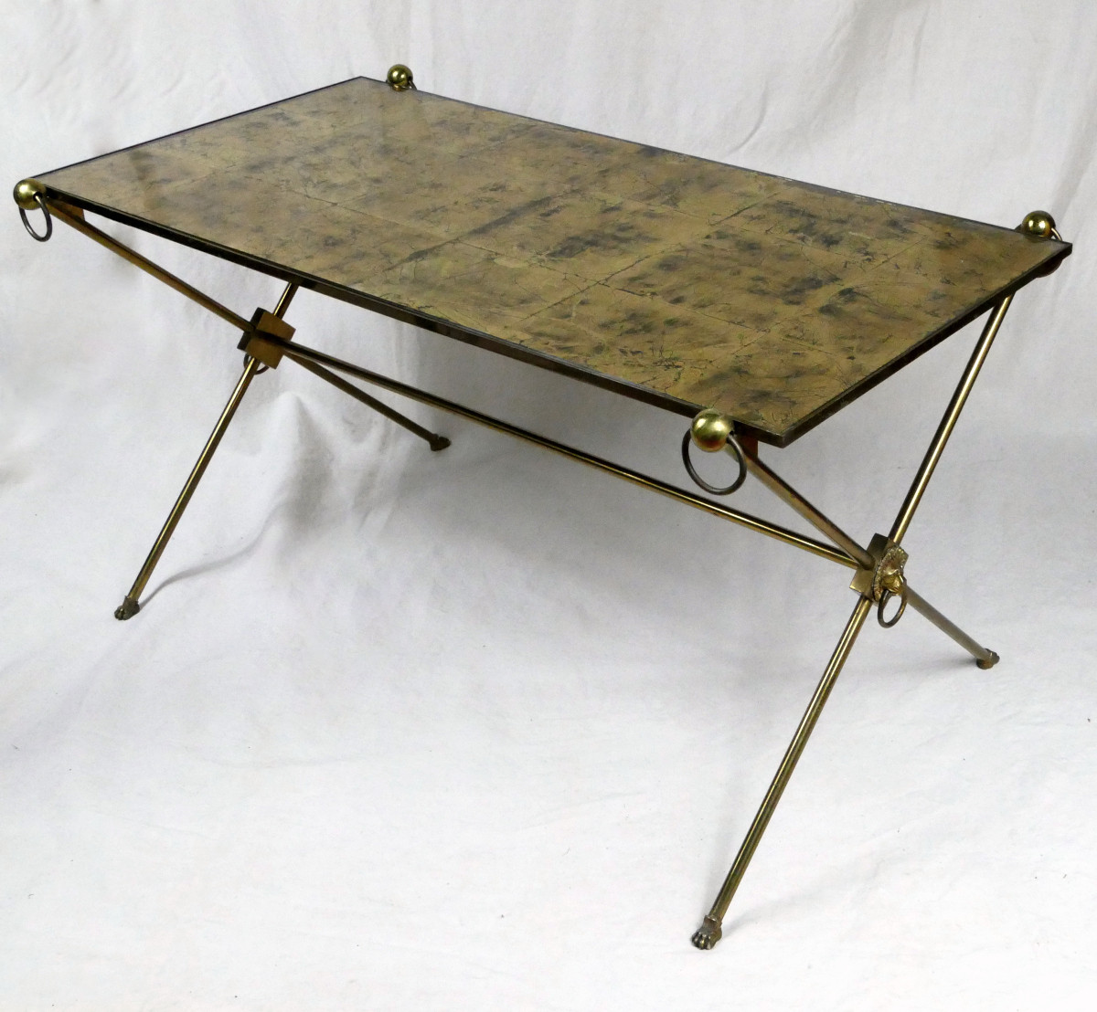 Table Basse, Bronze Et Laiton, Plateau Feuilles d'Or, Dans Le Goût De La Maison Jansen, 1970.