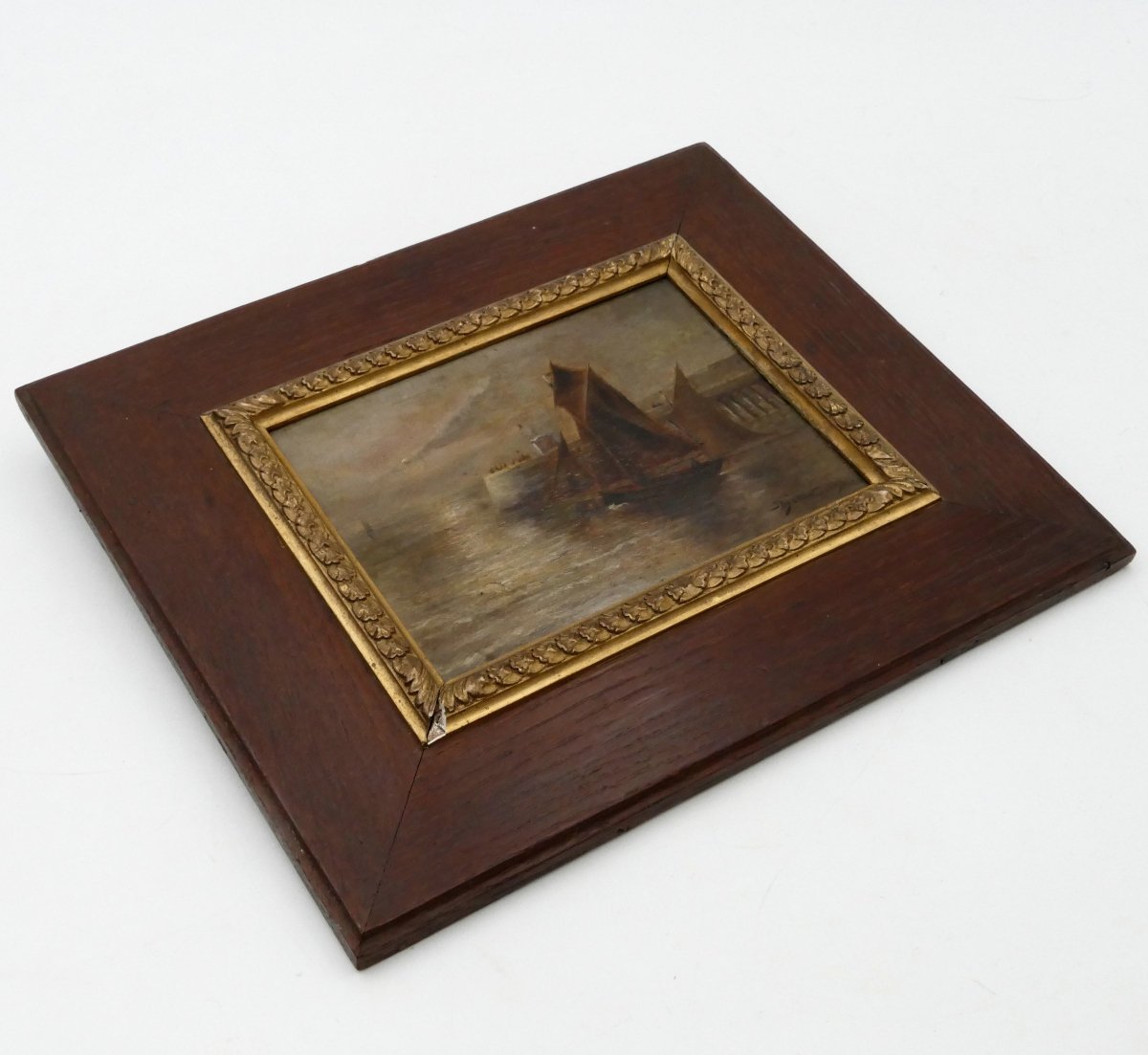 Petite Peinture à l'Huile Sur Bois, « Bateau De Pêche Rentrant Au Port », J B Follin, 1898.-photo-6