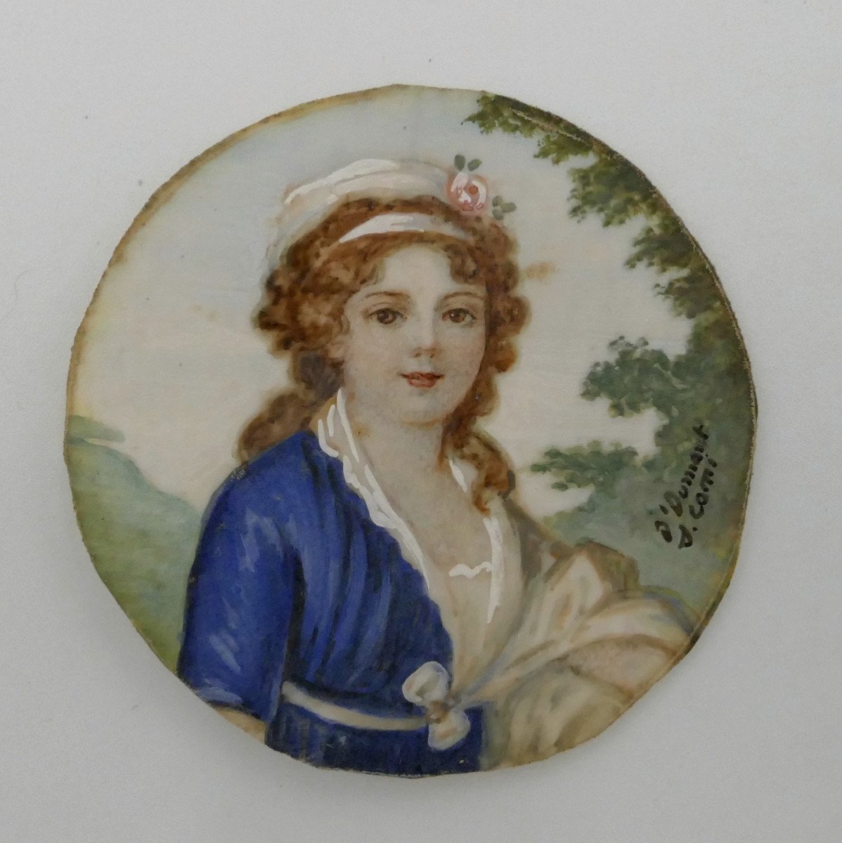 Miniature On Ivory, "the Young Girl In The Blue Dress", Late 19th Century, Signed.-photo-2