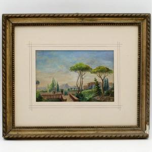 Gouache On 18th Century Paper, “view Of Italy”.