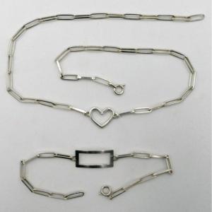 Half-parure In Sterling Silver 1950, Heart Necklace And Rectangle Bracelet.
