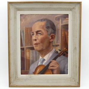 Portrait Of A Man On The Violin Without His Library, Oil 1950, Henri Dousset. 