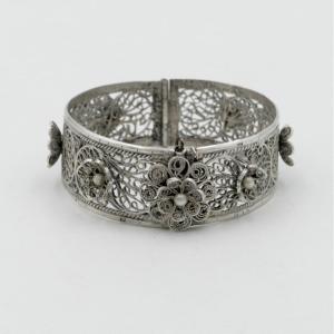 Cuff Bracelet With Flower Decor, Sterling Silver, Tunisia, 20th Century.