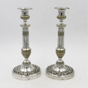 Christofle, Pair Of Chiseled Decor Candlesticks, Vines, Grapes, Silver Metal, Early 20th Century.