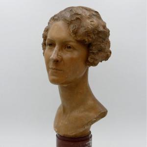 François Cogné (1876-1952). Bust Of A Woman, Plaster Proof With Terracotta Patina, Marble Base.