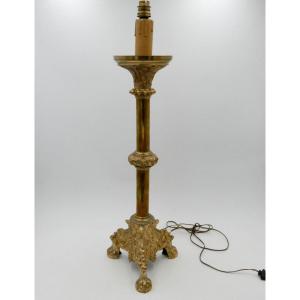 Neo-gothic Candlestick, Bronze And Brass, 19th Century.