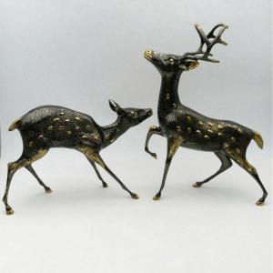 Silver And Gold Brass Deer And Doe, Circa 1970.