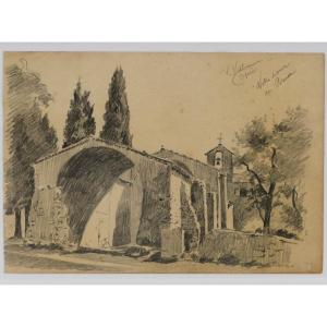 « Vue De église Notre-dame Du Brusc » (châteauneuf-grasse), Dessin Au Graphite, Alex Jorio.