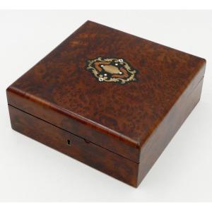 Coffret à Bijoux Boîte Loupe Marqueterie Laiton Napoléon III XIXe Siècle.