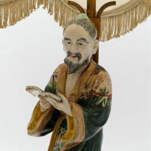 Chinese Dignitary In Polychrome Porcelain Enameled And Mounted As A Lamp. Japan, Circa 1900.