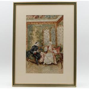 « La Dégustation », Aquarelle, Scène d'Intérieur De Style Louis XV.