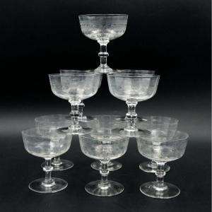 Eleven Engraved Glass Champagne Coupes, Late 19th / Early 20th Century.