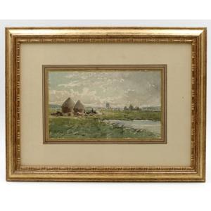 Designolle Ernest (1850-1941). « Paysage Aux Meules De Foin », Aquarelle, Début XXe Siècle.